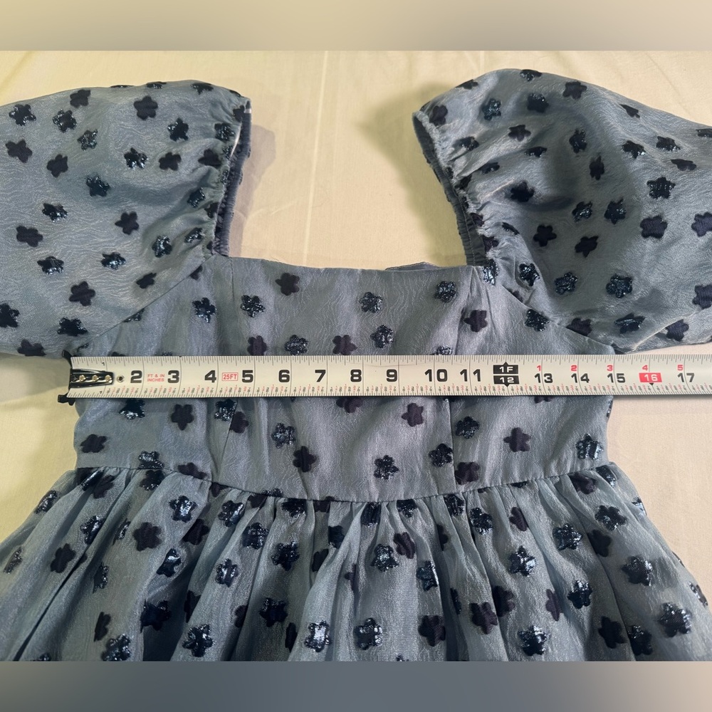 TCEC Light Blue Navy Dainty Coquette Puff Sleeve Floral Lined Mini Dress Size S - Picture 6 of 10
